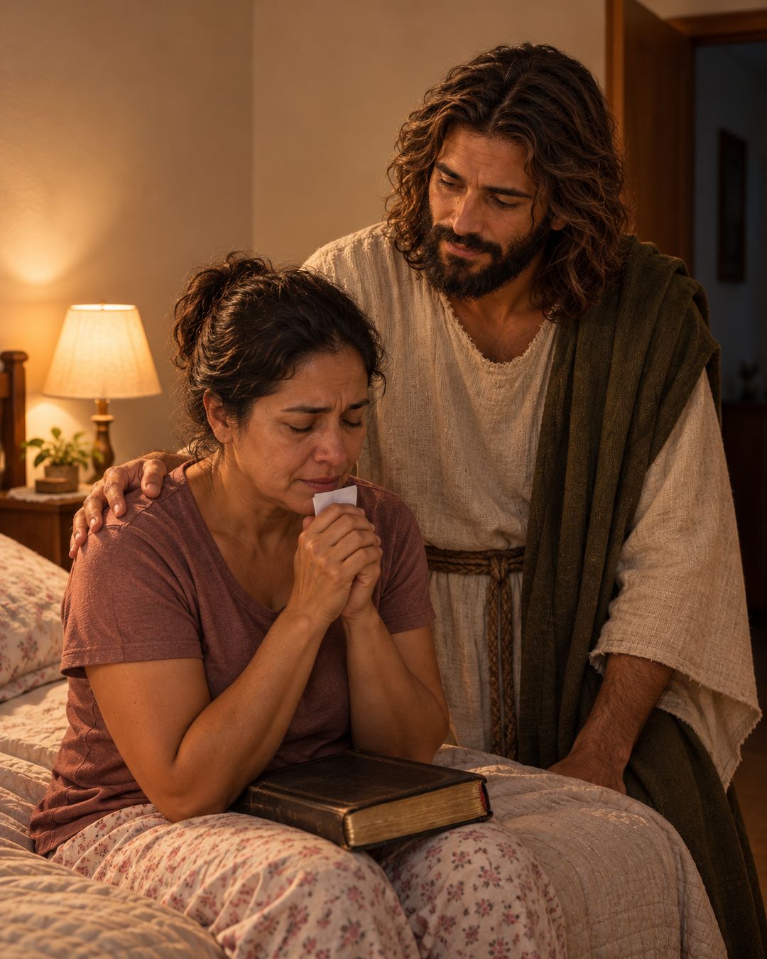 Mãe orando na beira da cama, com Jesus ao lado e a mão no ombro dela